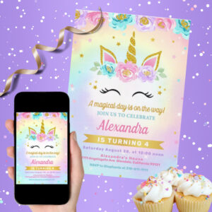 Unicorn and Roses Kids Birthday Invitation