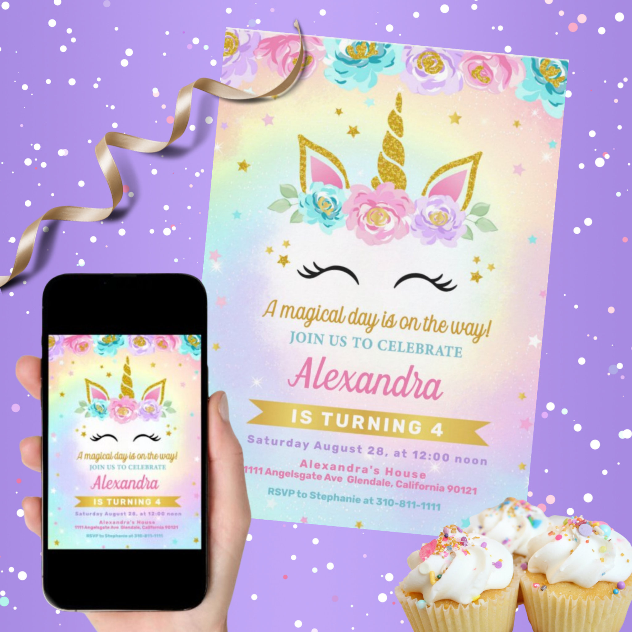 Unicorn and Roses Kids Birthday Invitation