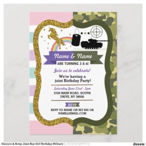 Unicorn & Army Joint Boy Girl Birthday Military Invitation