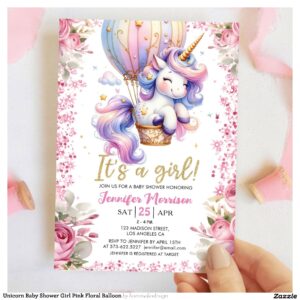 Unicorn Baby Shower Girl Pink Floral Balloon Invitation