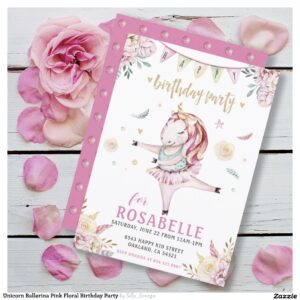 Unicorn Ballerina Pink Floral Birthday Party Invitation
