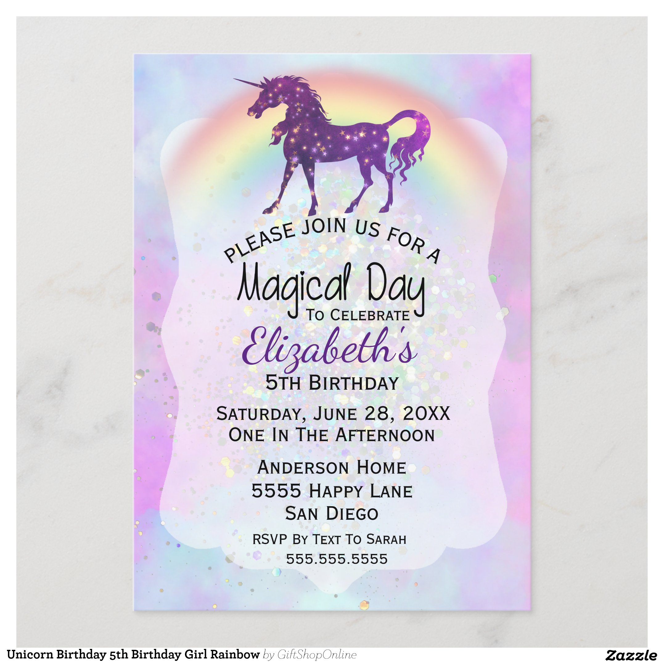Unicorn Birthday 5th Birthday Girl Rainbow Invitation