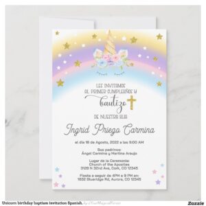 Unicorn birthday baptism invitation Spanish.