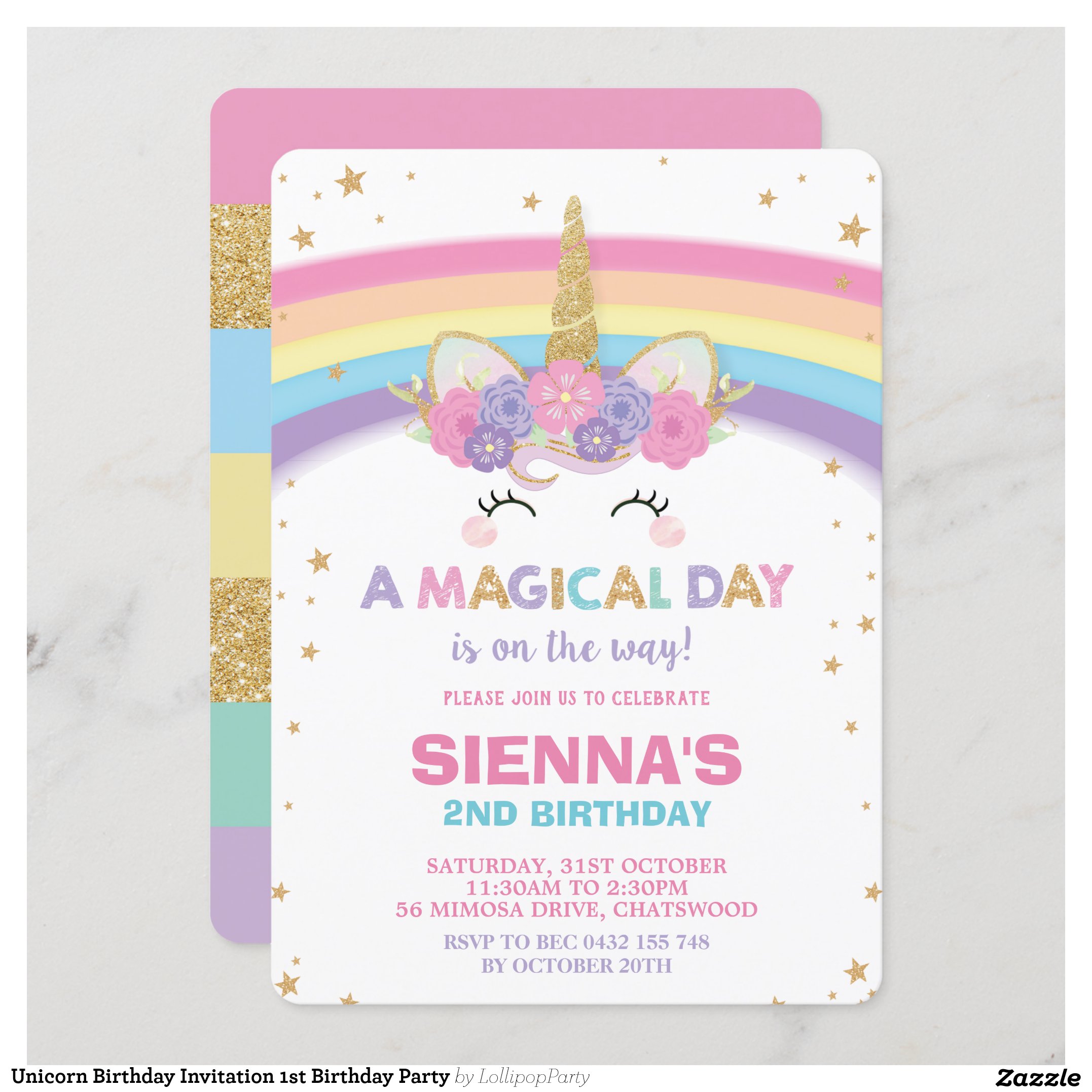 Unicorn Birthday Invitation 1st Birthday Party