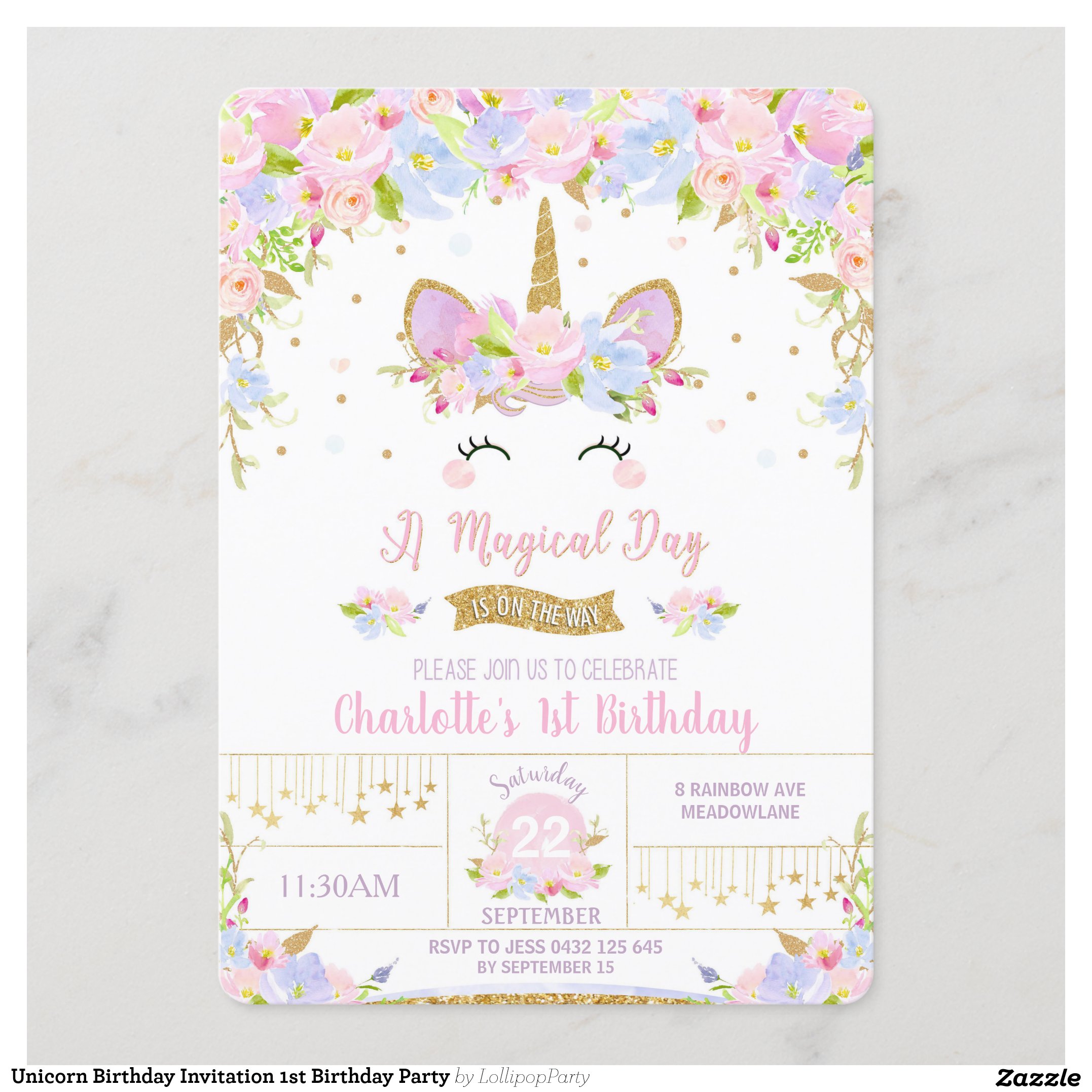 Unicorn Birthday Invitation 1st Birthday Party