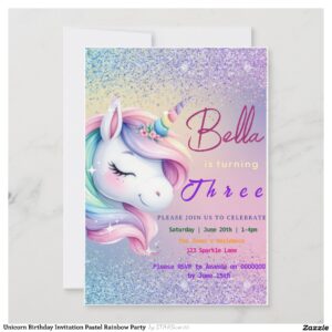 Unicorn Birthday Invitation Pastel Rainbow Party