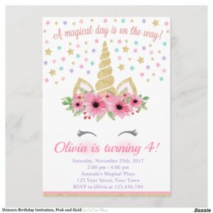 Unicorn Birthday Invitation, Pink and Gold Invitation