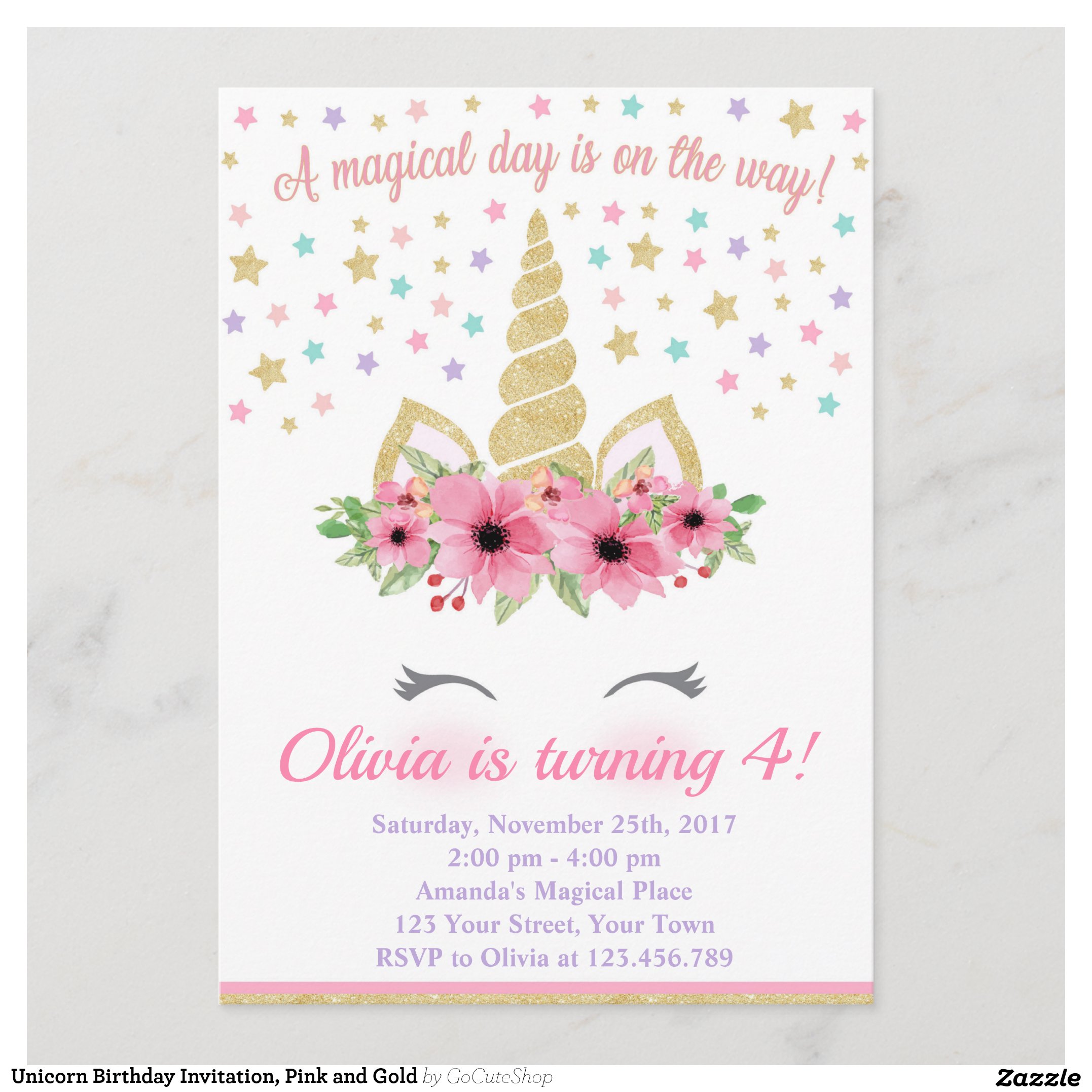 Unicorn Birthday Invitation, Pink and Gold Invitation
