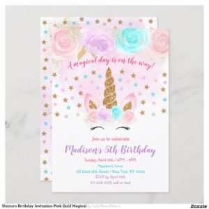 Unicorn Birthday Invitation Pink Gold Magical
