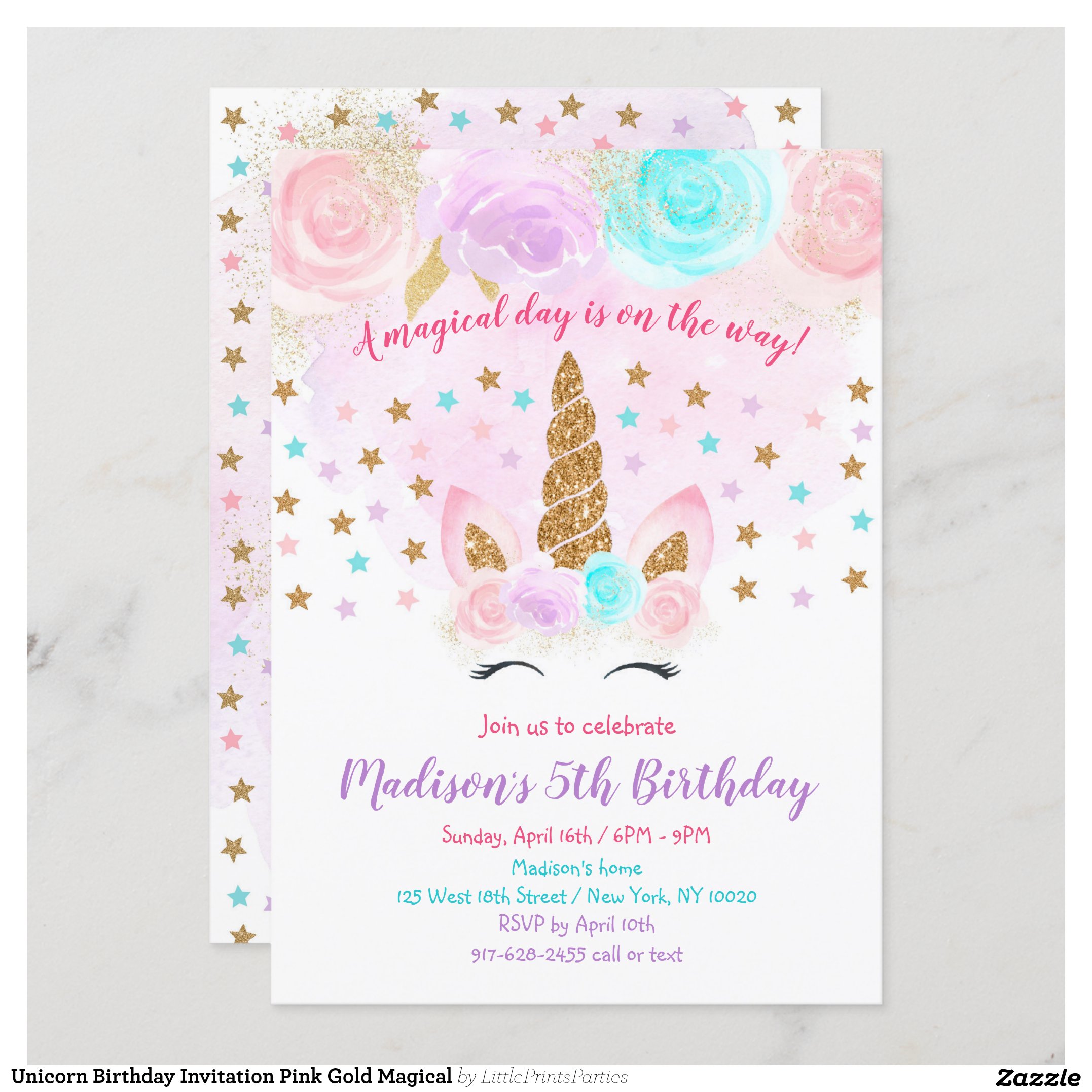 Unicorn Birthday Invitation Pink Gold Magical