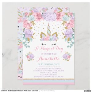 Unicorn Birthday Invitation Pink Gold Unicorn
