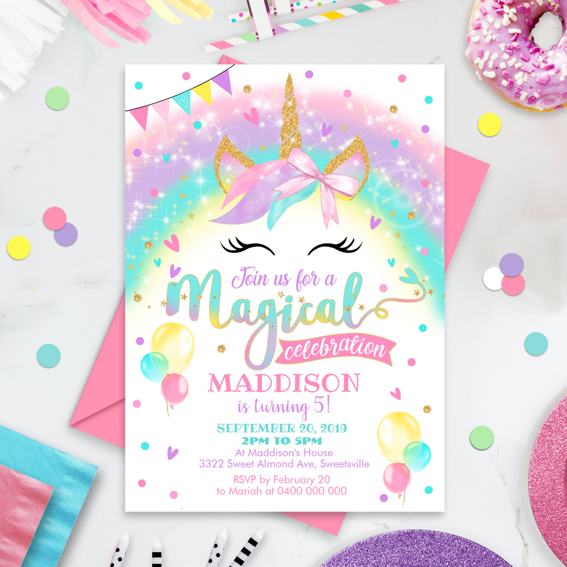 Unicorn Birthday Invitation Rainbow Unicorn Party