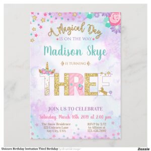 Unicorn Birthday Invitation Third Birthday