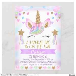 Unicorn Birthday Invitation With Glitter