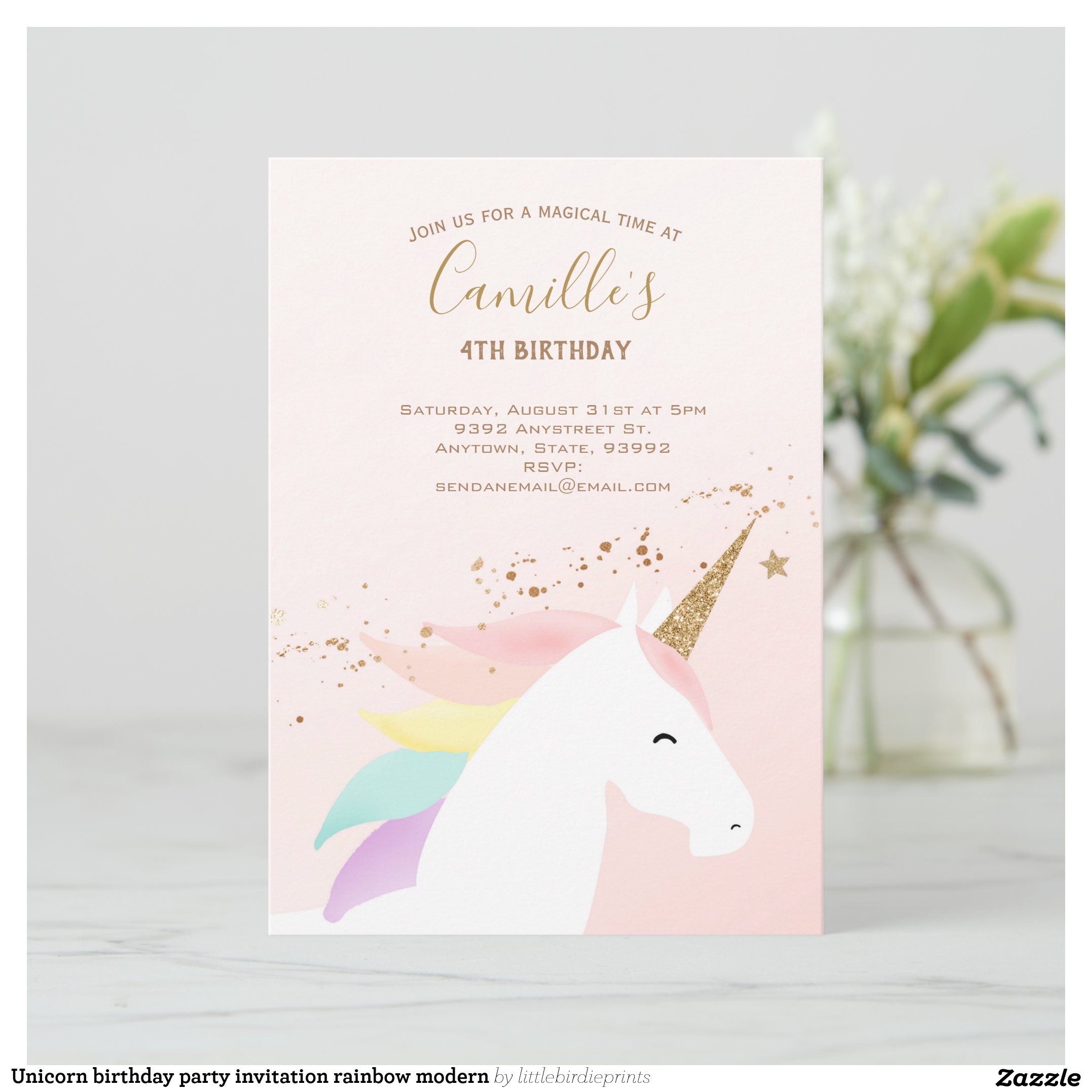 Unicorn birthday party invitation rainbow modern