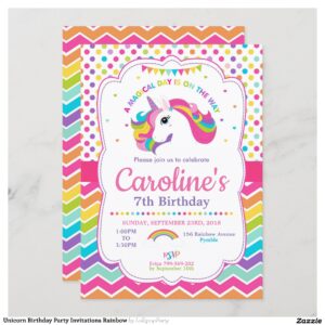 Unicorn Birthday Party Invitations Rainbow
