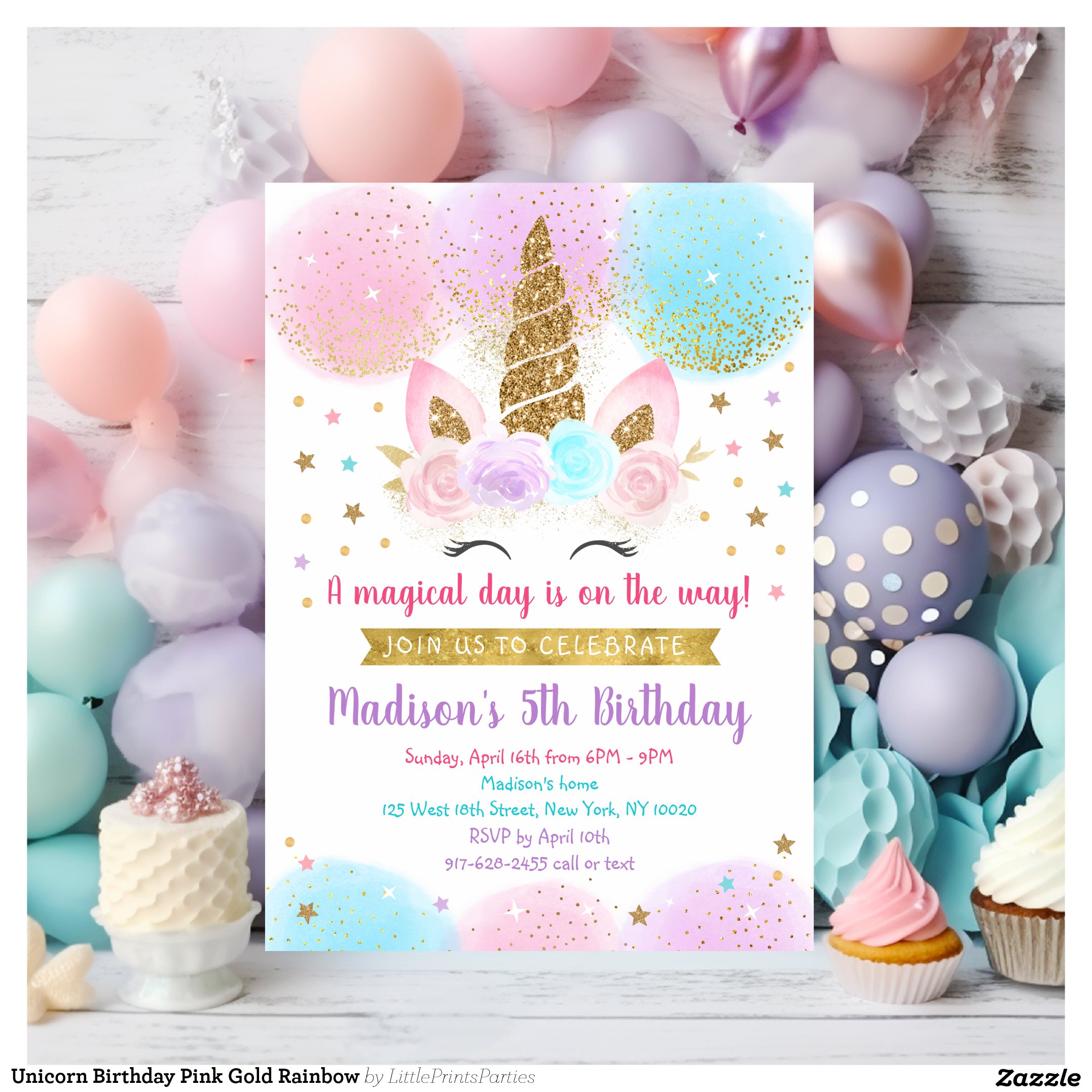 Unicorn Birthday Pink Gold Rainbow Invitation