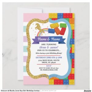 Unicorn & Blocks Joint Boy Girl Birthday Invites