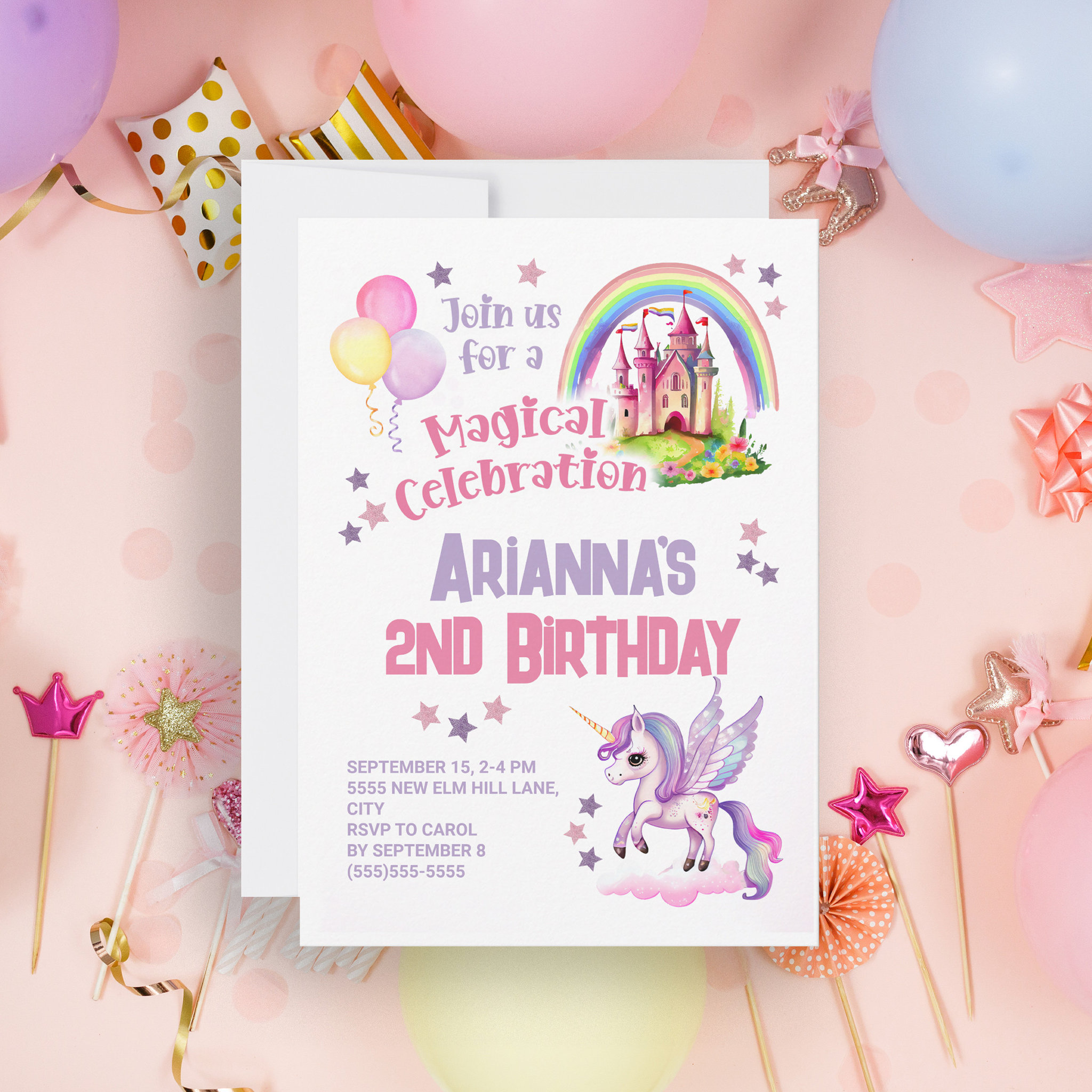 Unicorn Castle Little Girl's 2nd Birthday Invitation