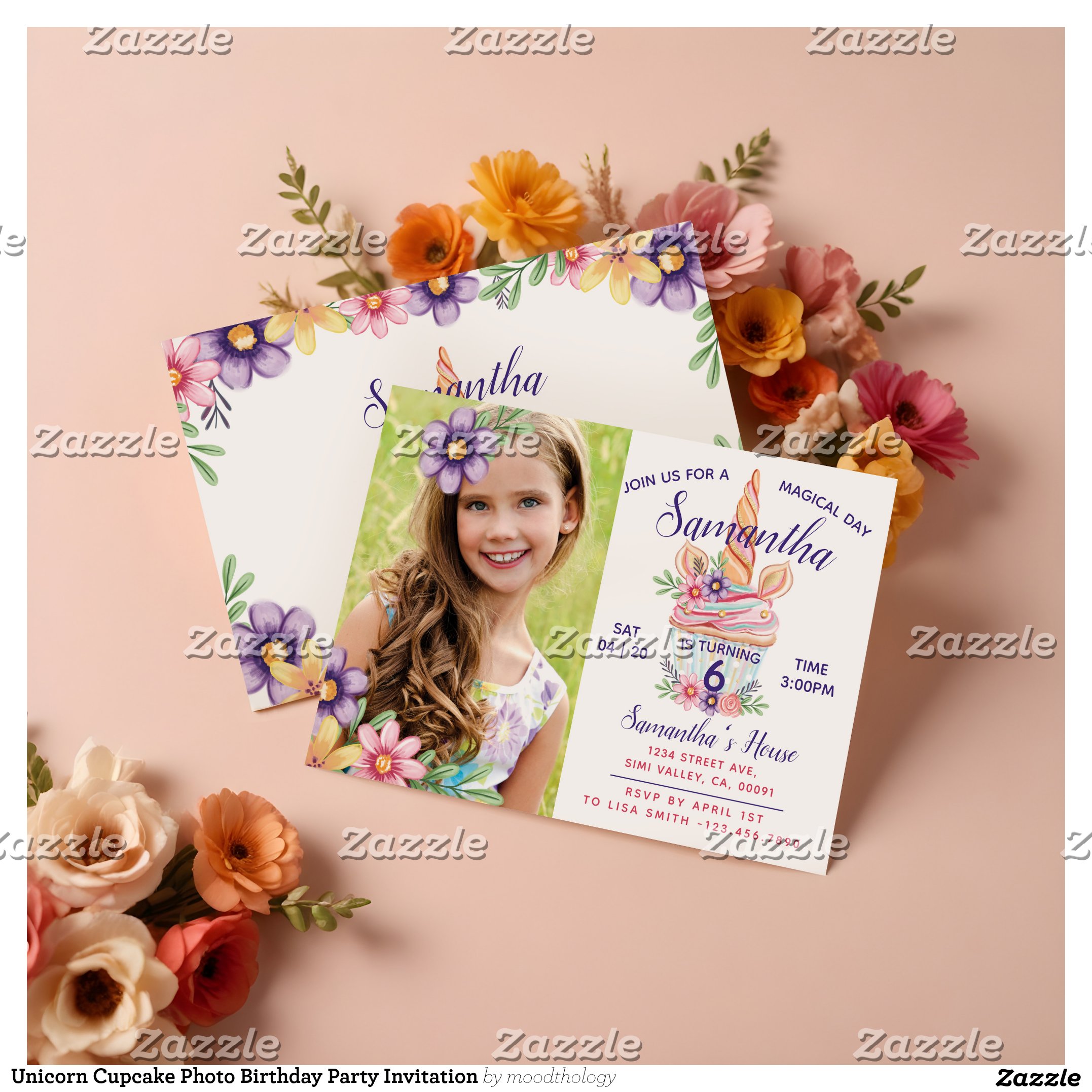 Unicorn Cupcake Photo Birthday Party Invitation