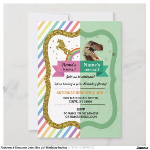 Unicorn & Dinosaur Joint Boy girl Birthday Invites