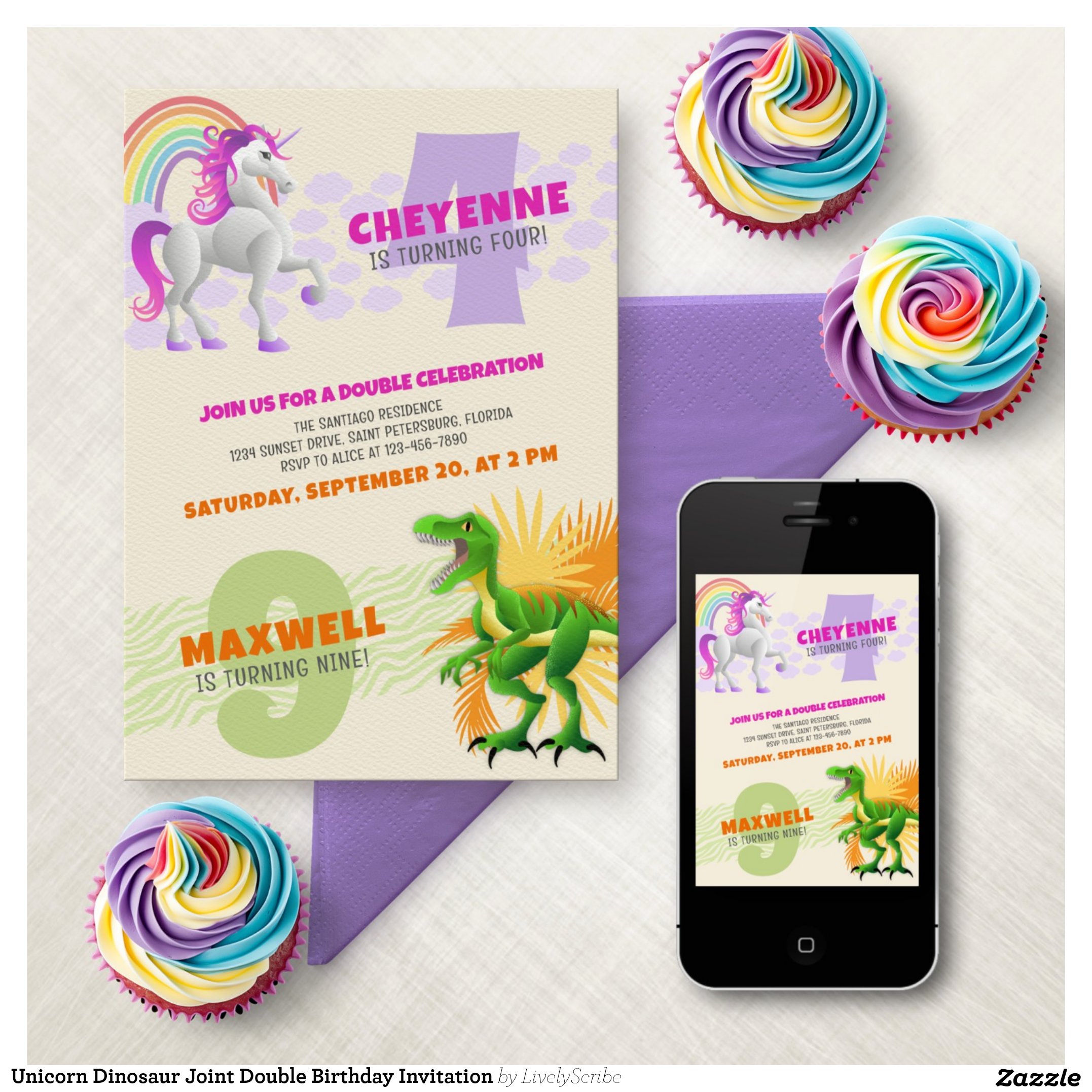 Unicorn Dinosaur Joint Double Birthday Invitation