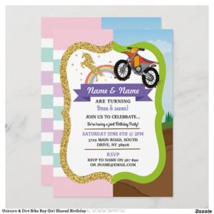 Unicorn & Dirt Bike Boy Girl Shared Birthday Invitation
