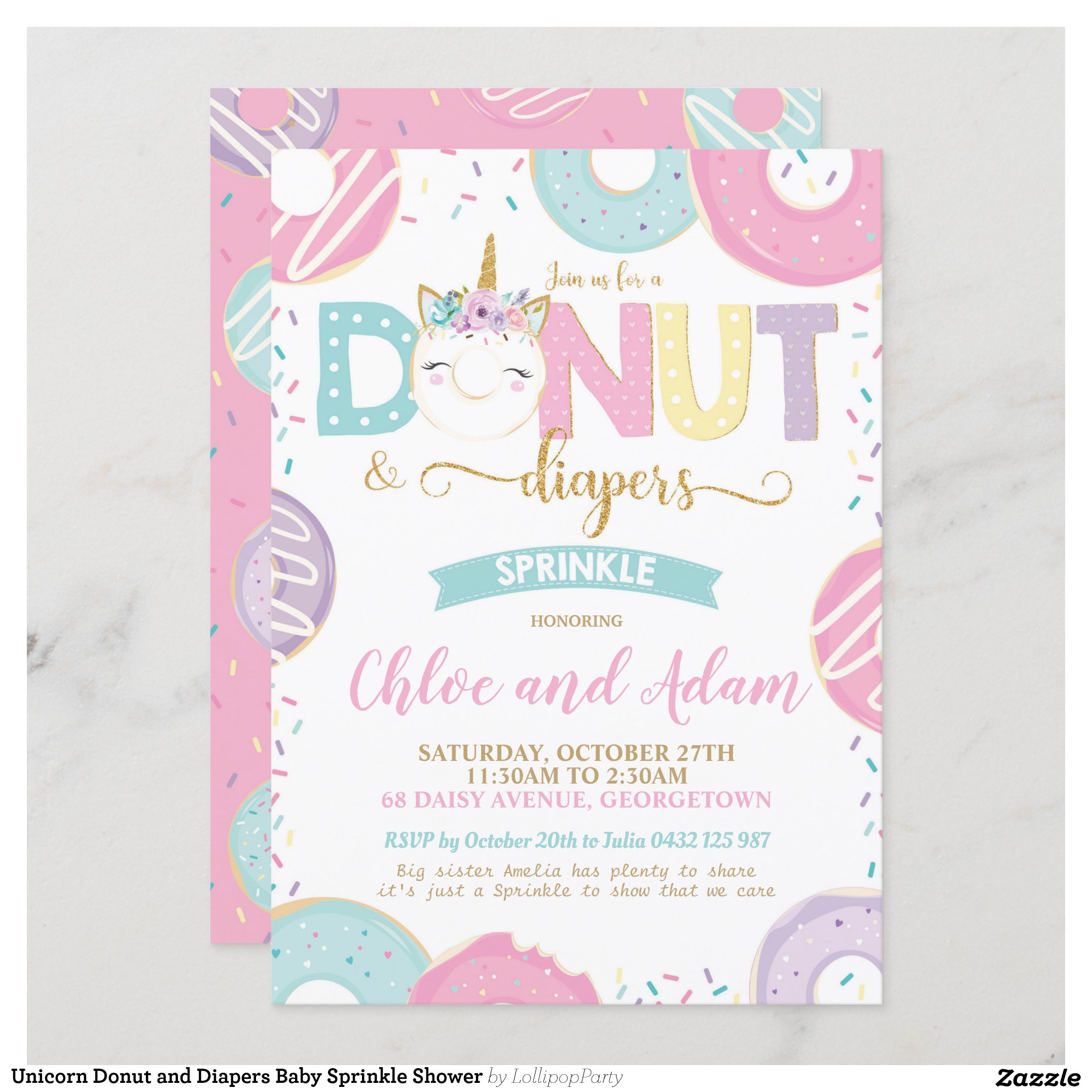 Unicorn Donut and Diapers Baby Sprinkle Shower Invitation