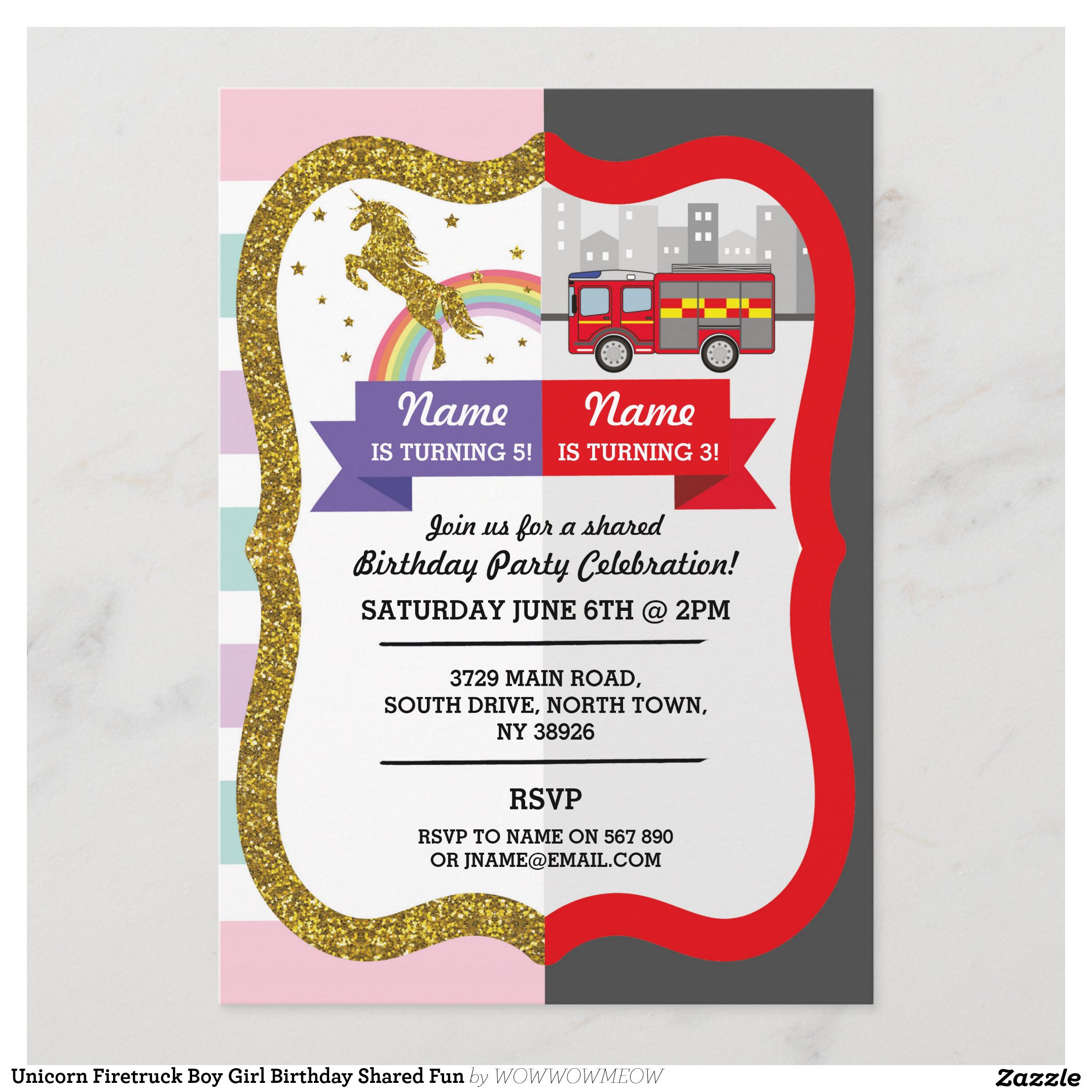 Unicorn Firetruck Boy Girl Birthday Shared Fun Invitation