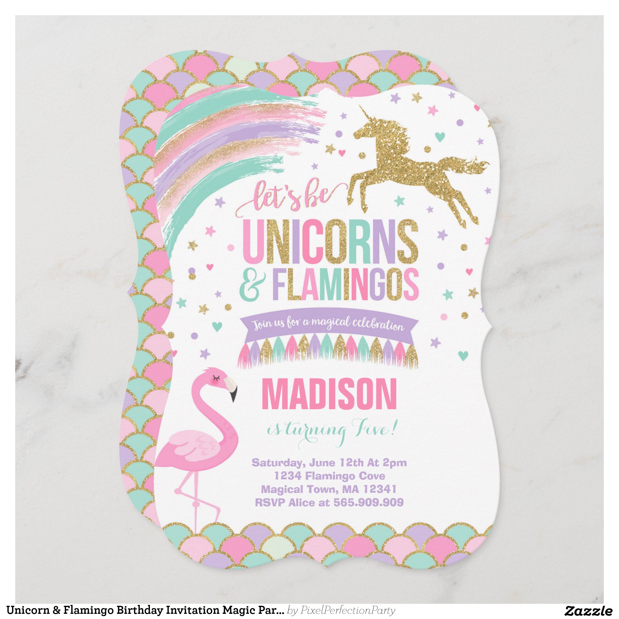 Unicorn & Flamingo Birthday Invitation Magic Party