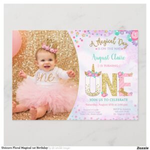 Unicorn Floral Magical 1st Birthday Invitation