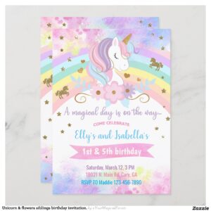 Unicorn & flowers siblings birthday invitation. invitation
