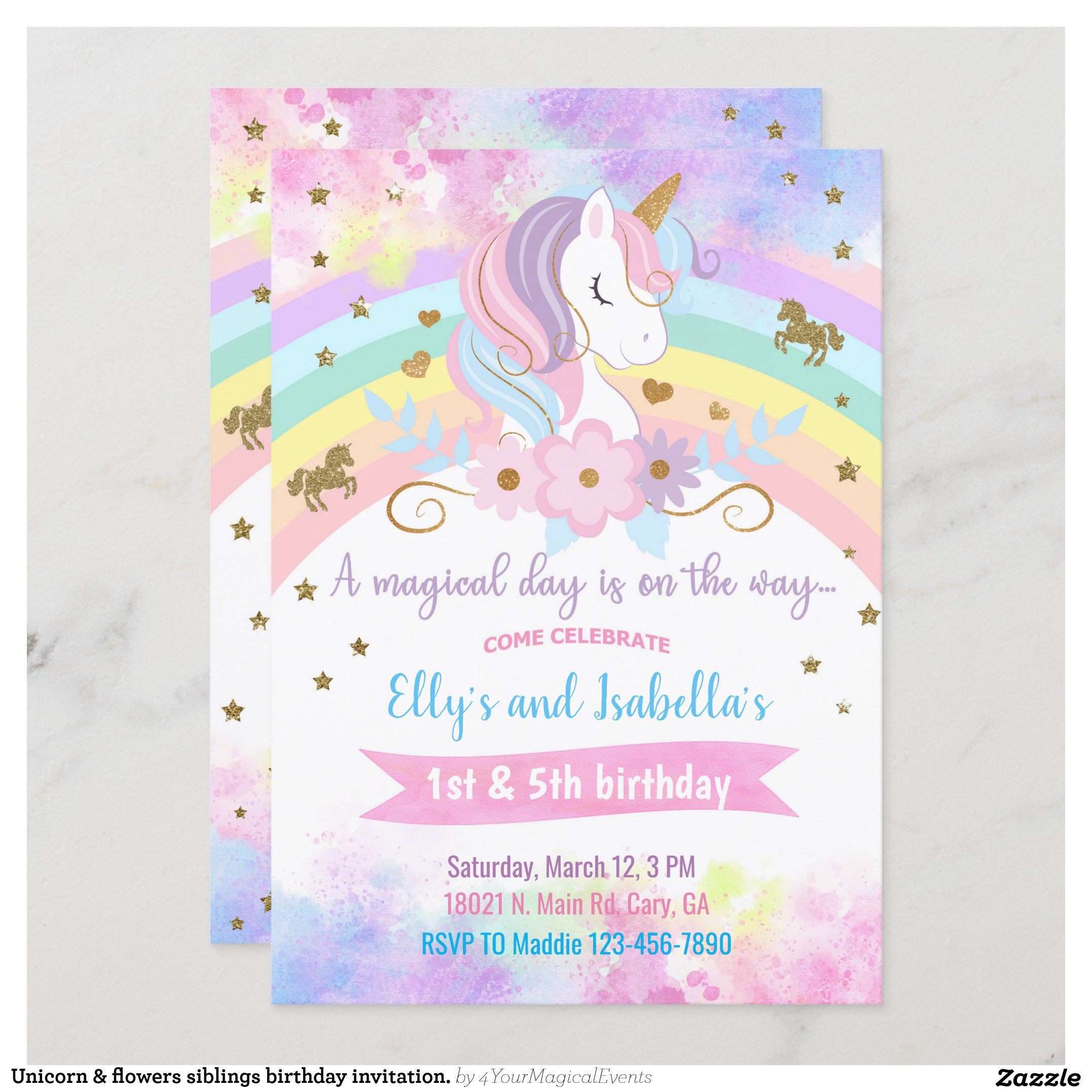 Unicorn & flowers siblings birthday invitation. invitation