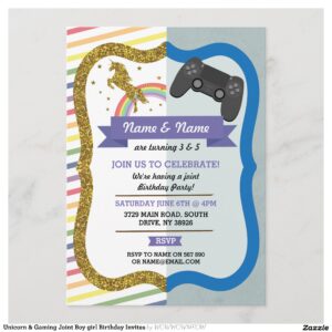 Unicorn & Gaming Joint Boy girl Birthday Invites