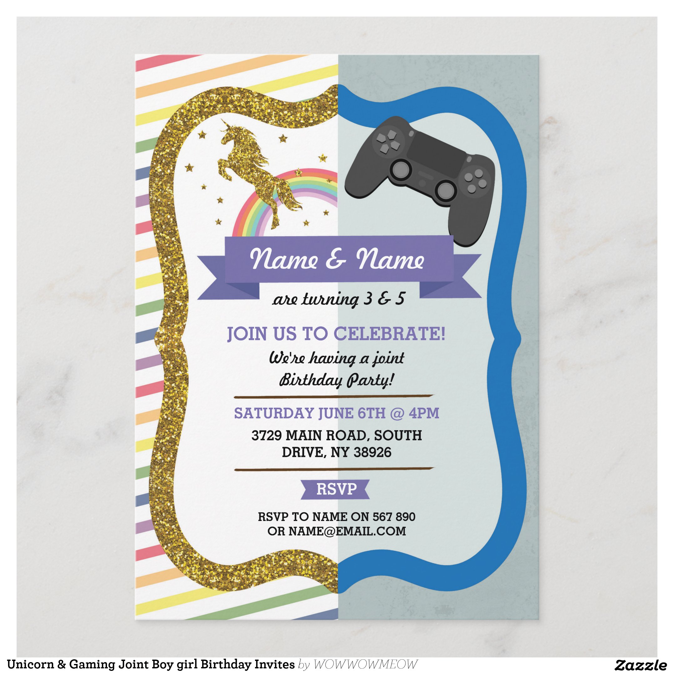 Unicorn & Gaming Joint Boy girl Birthday Invites