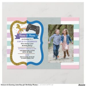 Unicorn & Gaming Joint Boy girl Birthday Photos Invitation