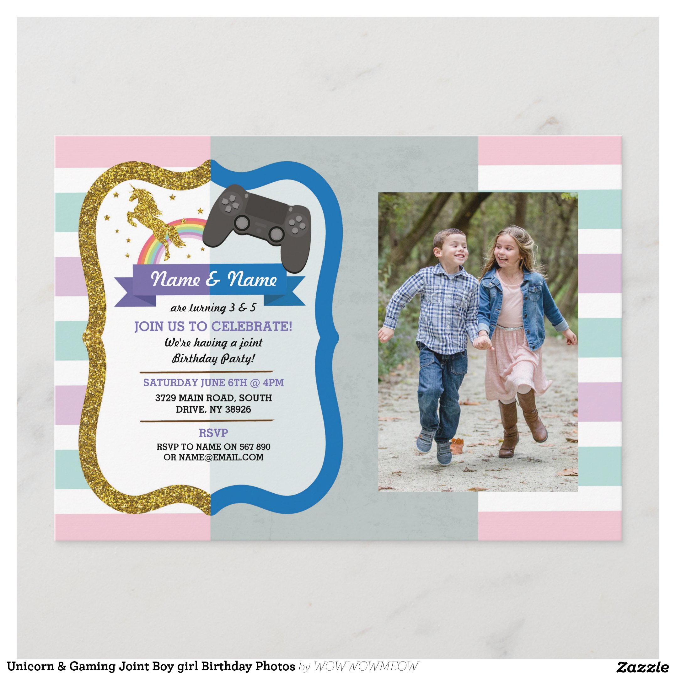 Unicorn & Gaming Joint Boy girl Birthday Photos Invitation
