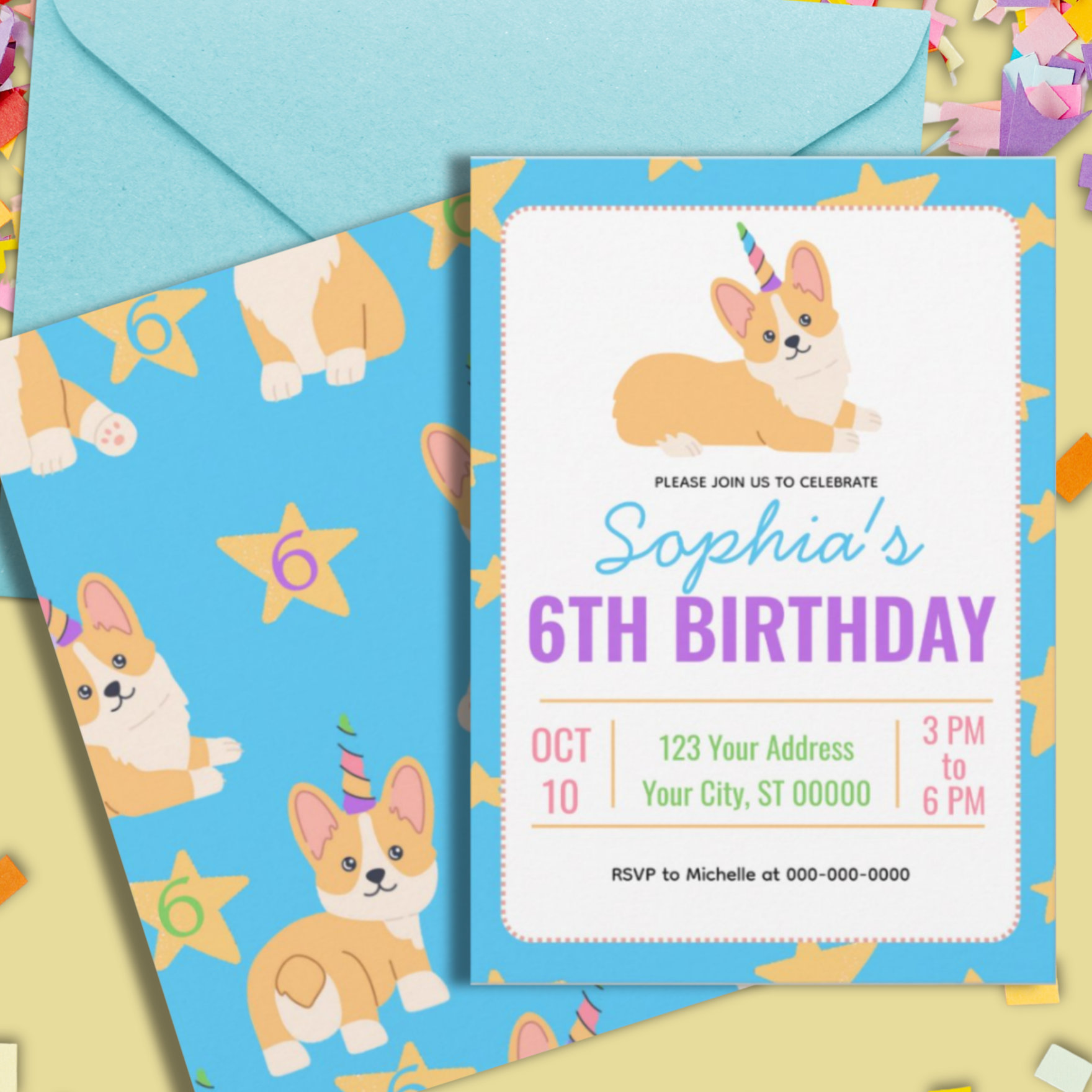 Unicorn Girl Birthday, Corgi Party Invitation