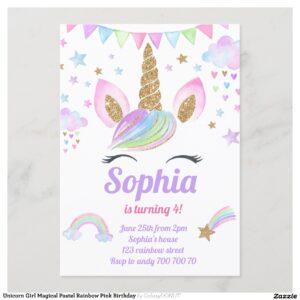 Unicorn Girl Magical Pastel Rainbow Pink Birthday Invitation