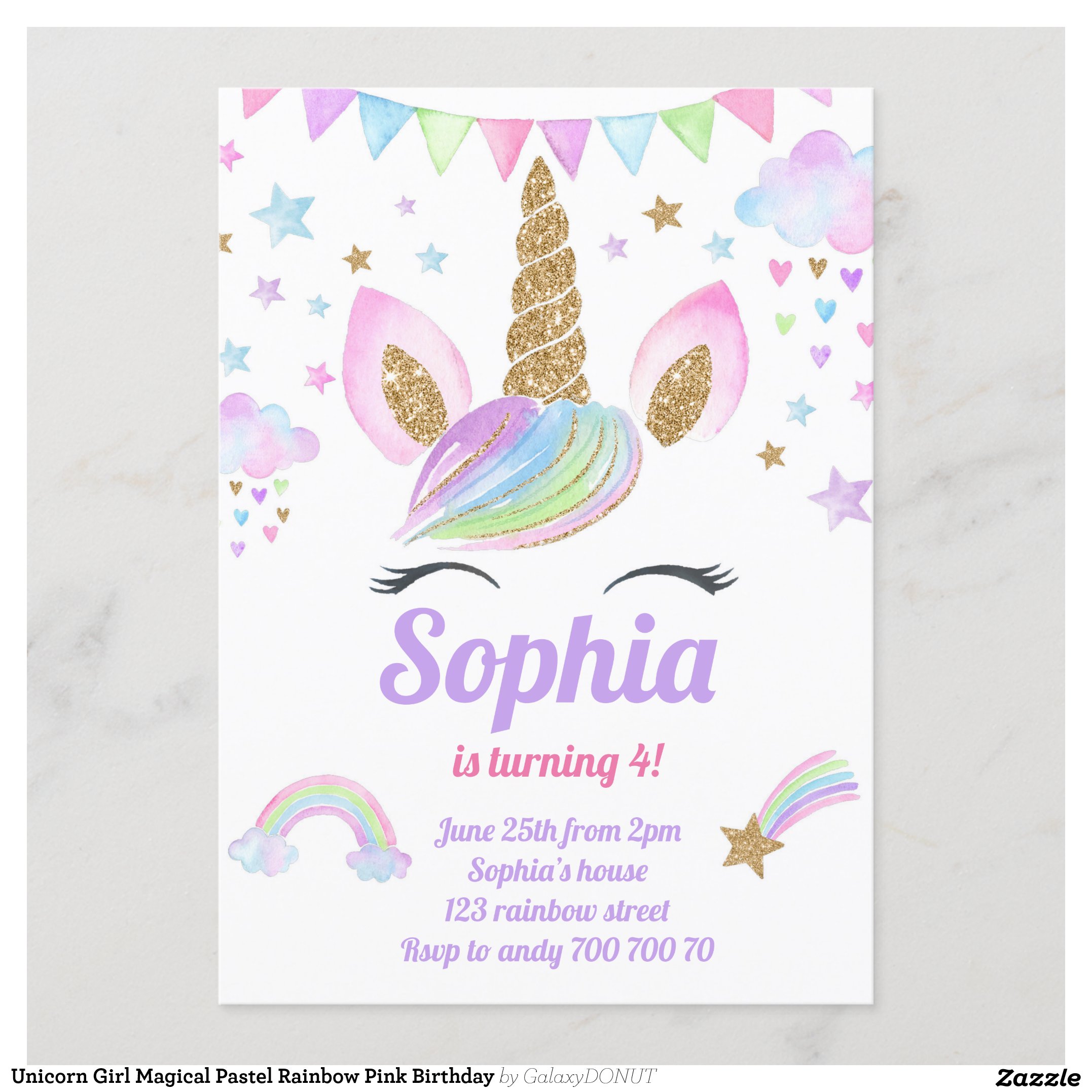 Unicorn Girl Magical Pastel Rainbow Pink Birthday Invitation