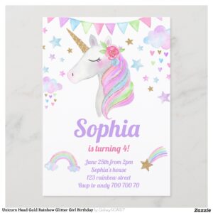 Unicorn Head Gold Rainbow Glitter Girl Birthday Invitation