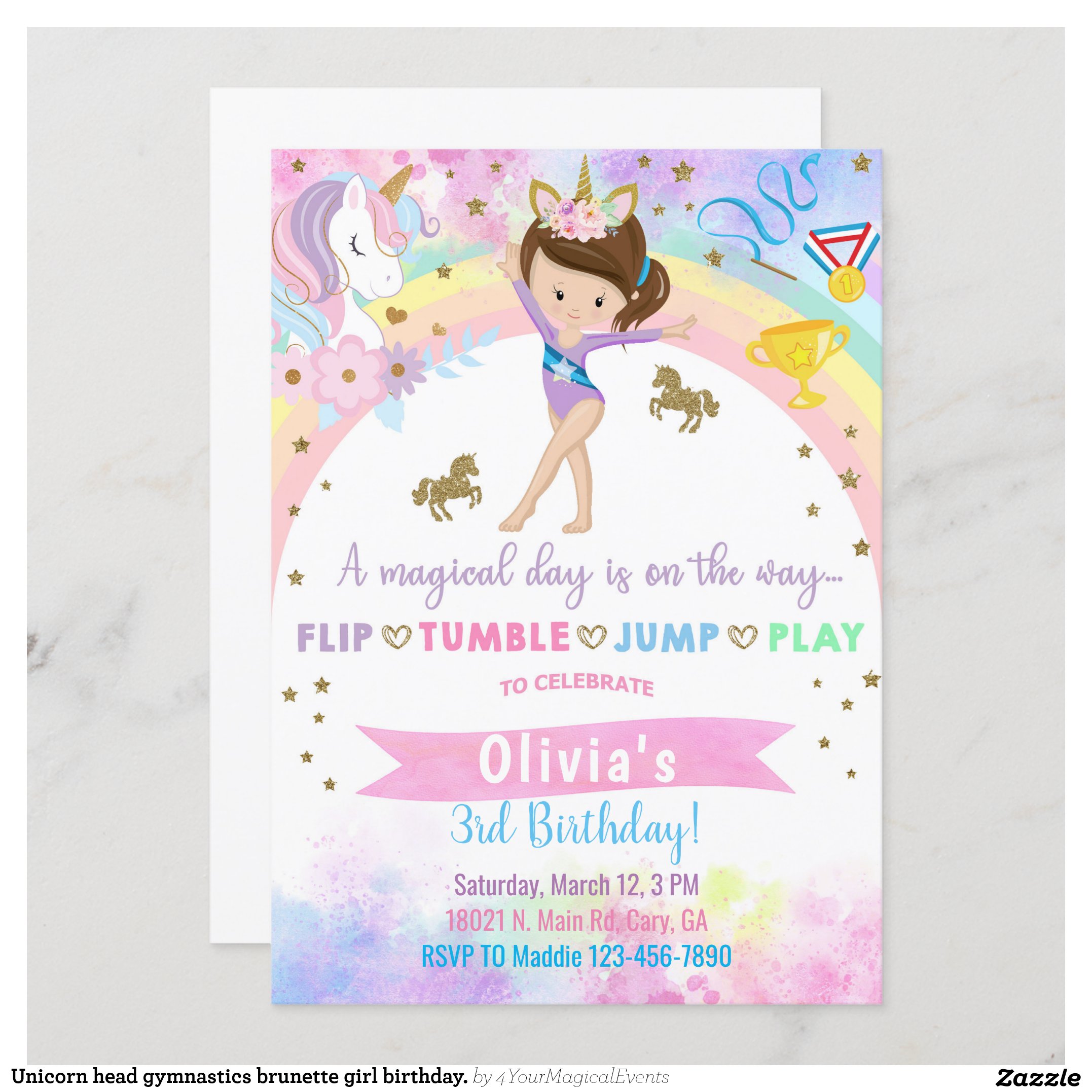 Unicorn head gymnastics brunette girl birthday. invitation