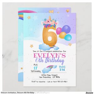 Unicorn invitation, Unicorn 6th Birthday Invitation