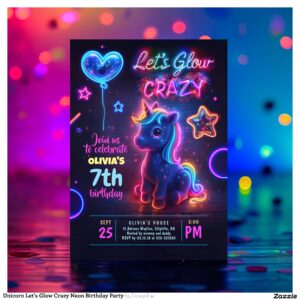 Unicorn Let's Glow Crazy Neon Birthday Party Invitation