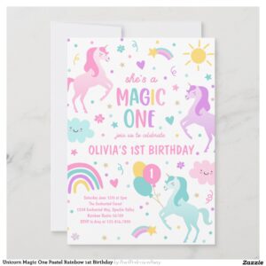 Unicorn Magic One Pastel Rainbow 1st Birthday Invitation