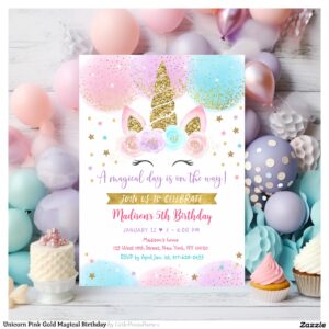 Unicorn Pink Gold Magical Birthday Invitation