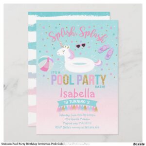 Unicorn Pool Party Birthday Invitation Pink Gold