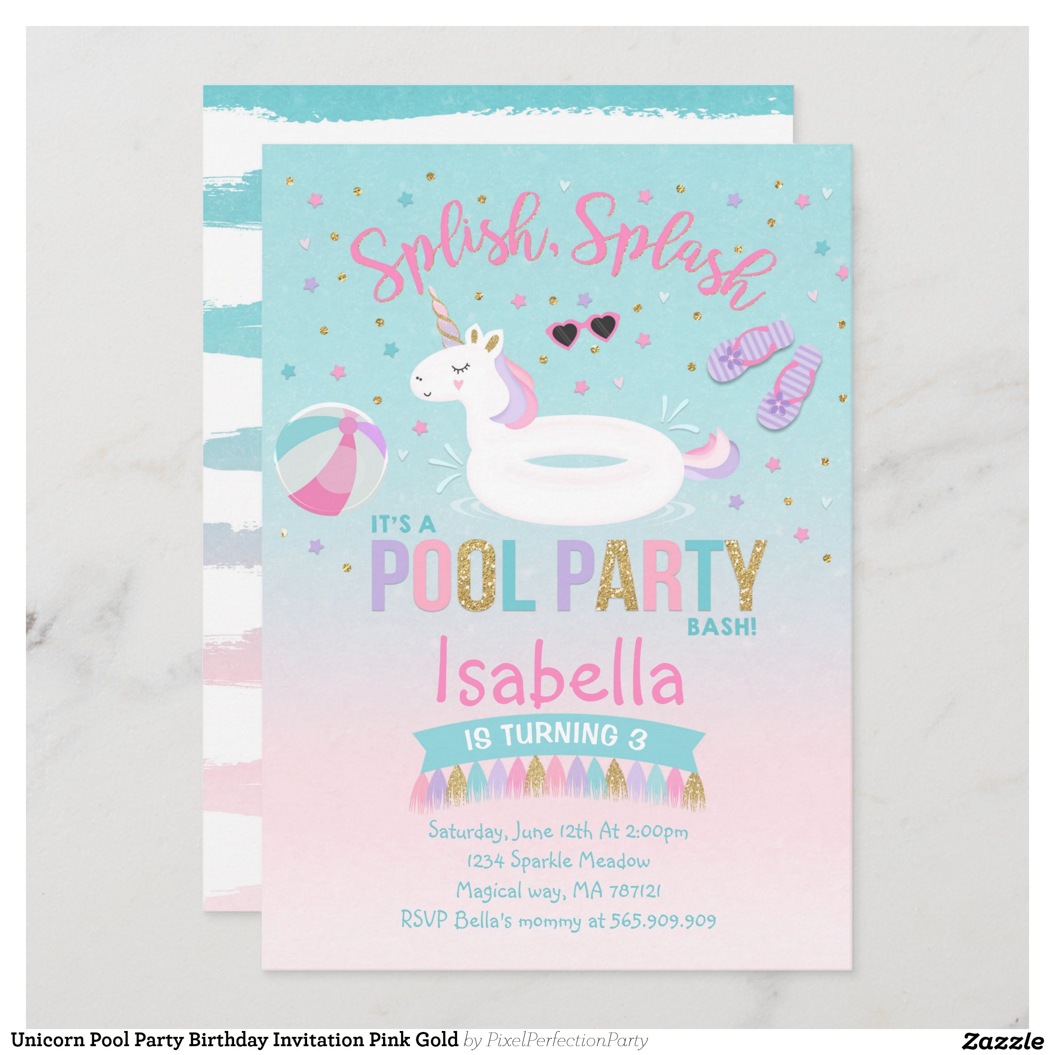 Unicorn Pool Party Birthday Invitation Pink Gold