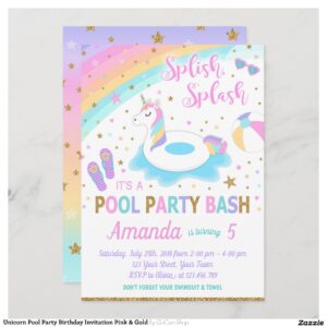 Unicorn Pool Party Birthday Invitation Pink & Gold