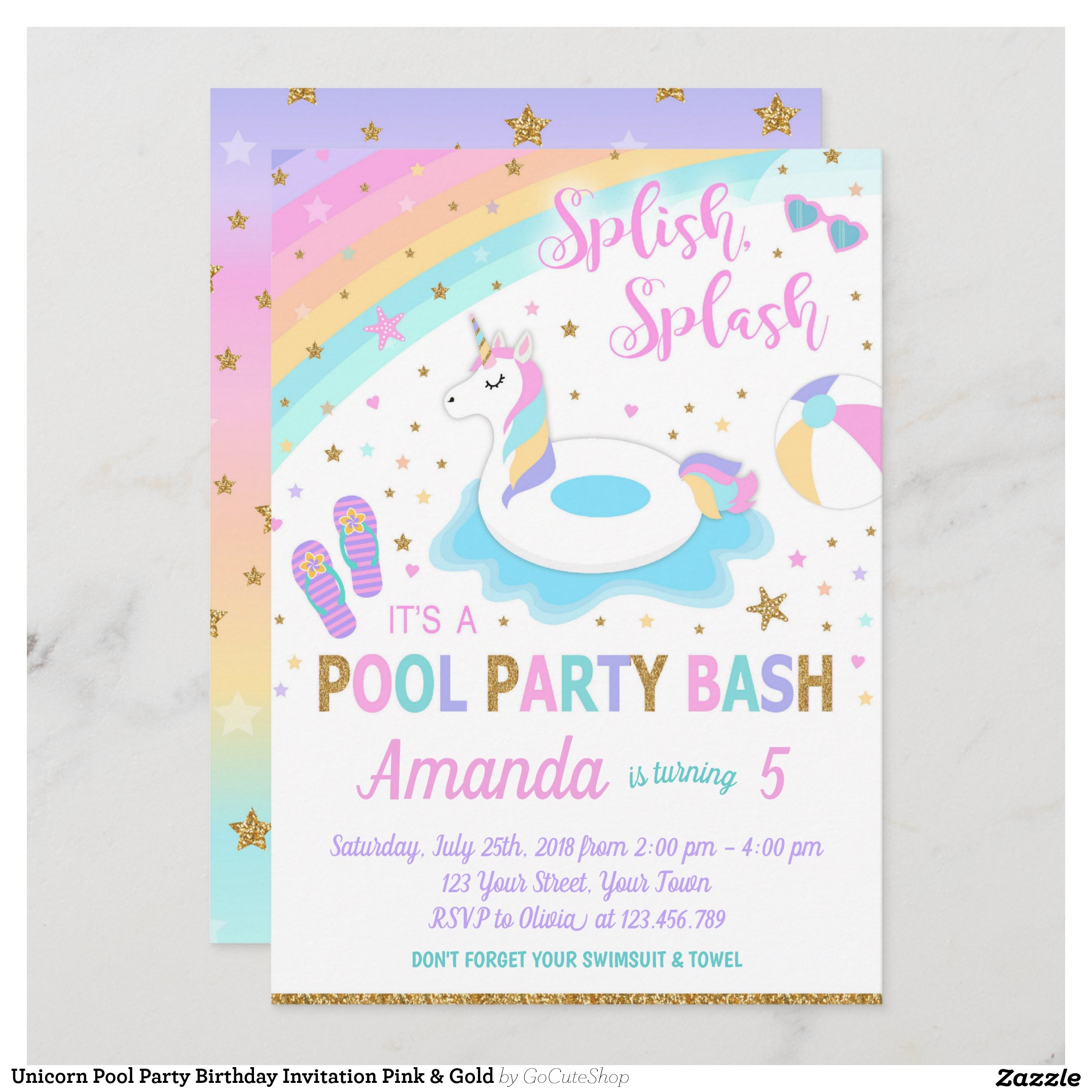 Unicorn Pool Party Birthday Invitation Pink & Gold